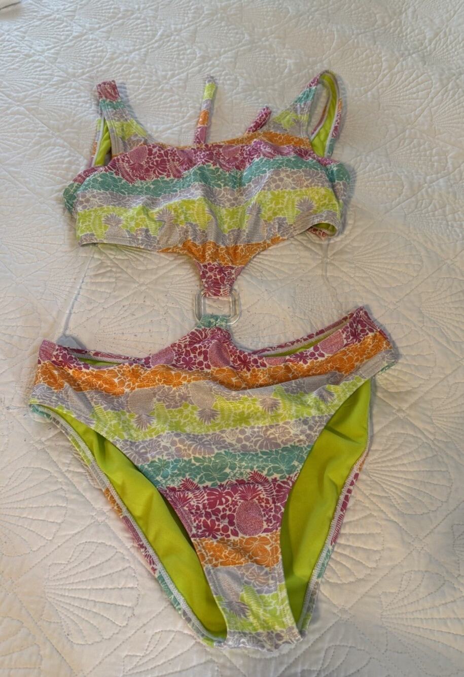 Blu C Bikini Set Size Large L Multi Color Floral Pineapple Swimsuit New